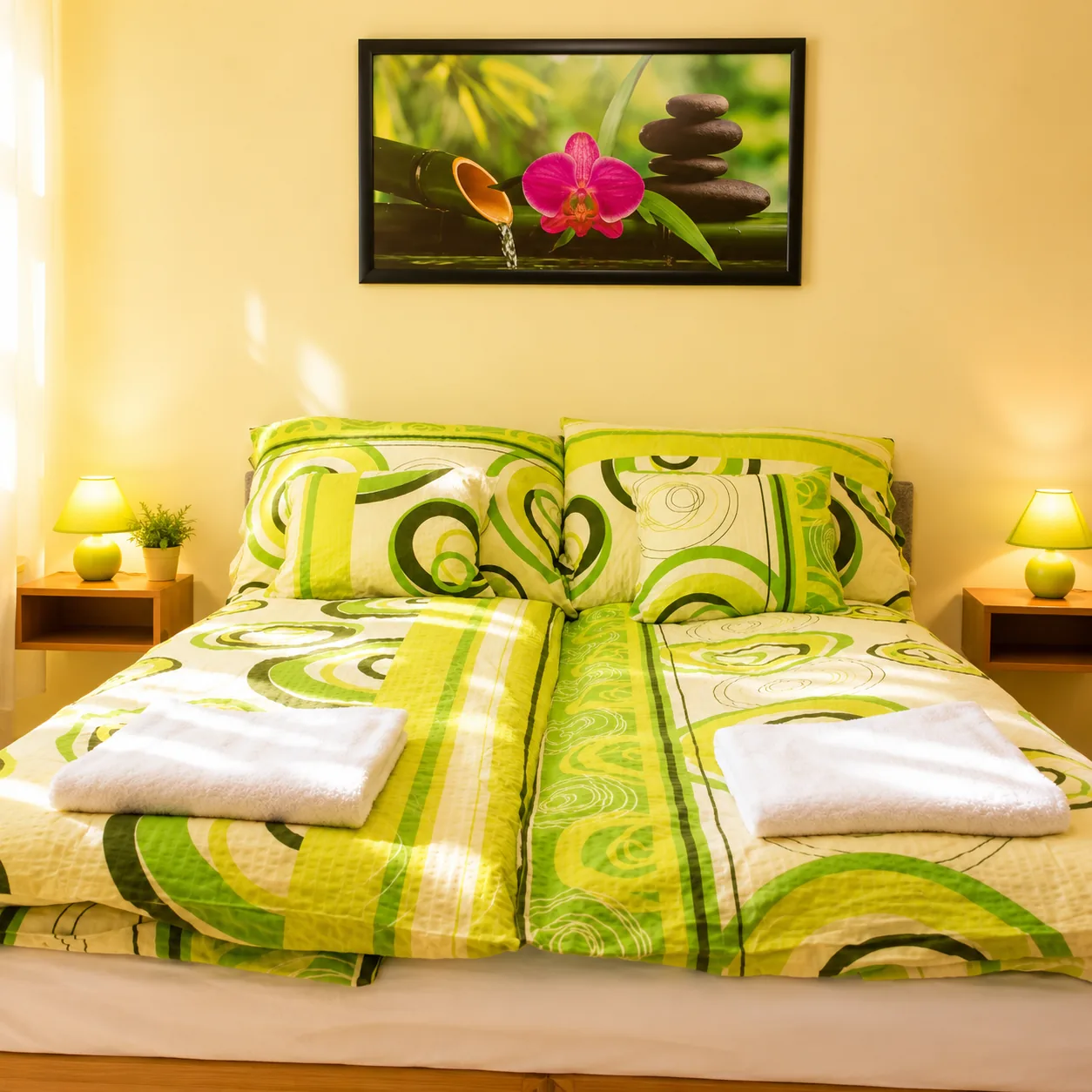 Bedroom with bed linen and bedside lamps