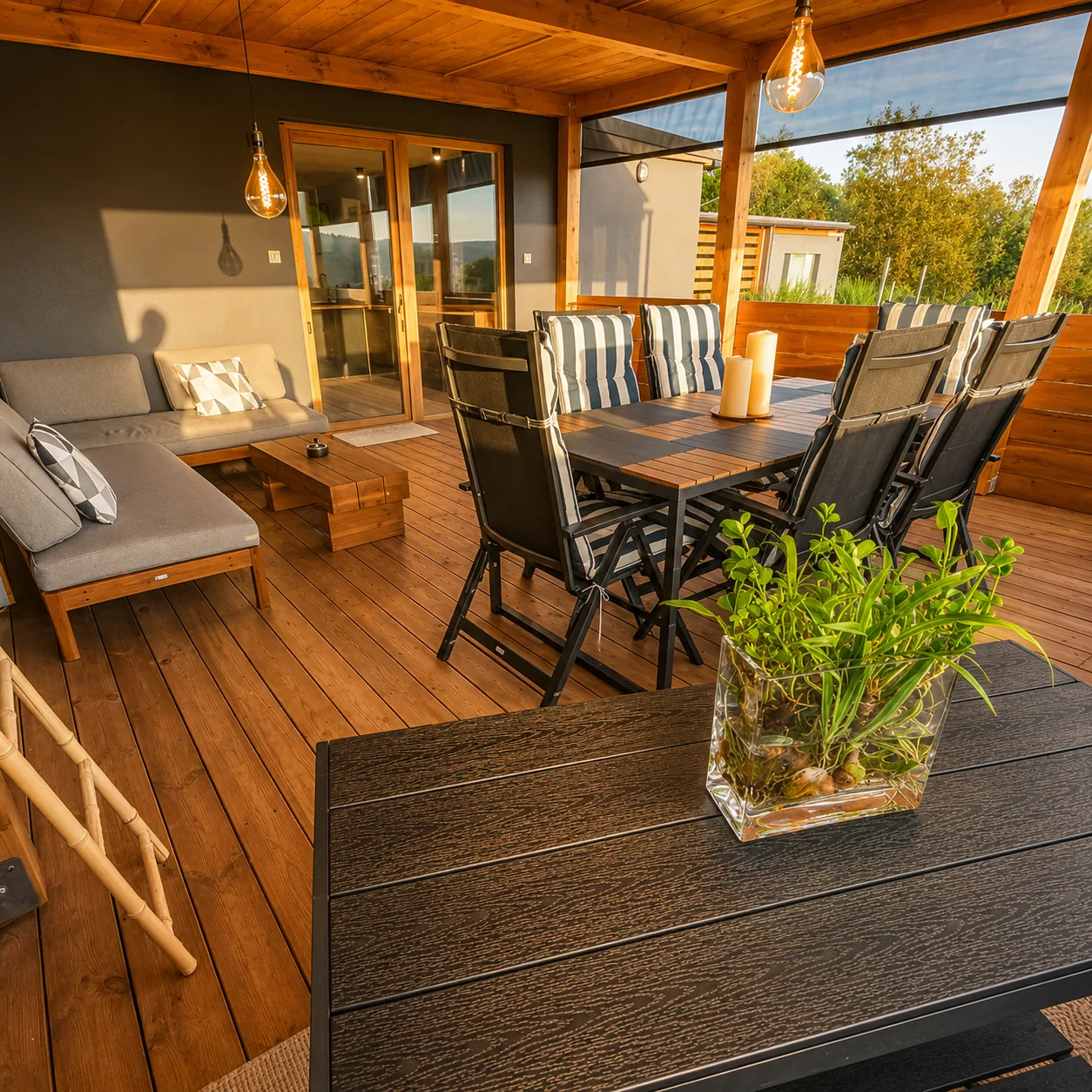 Covered wooden terrace with a sofa and dining table, with a view